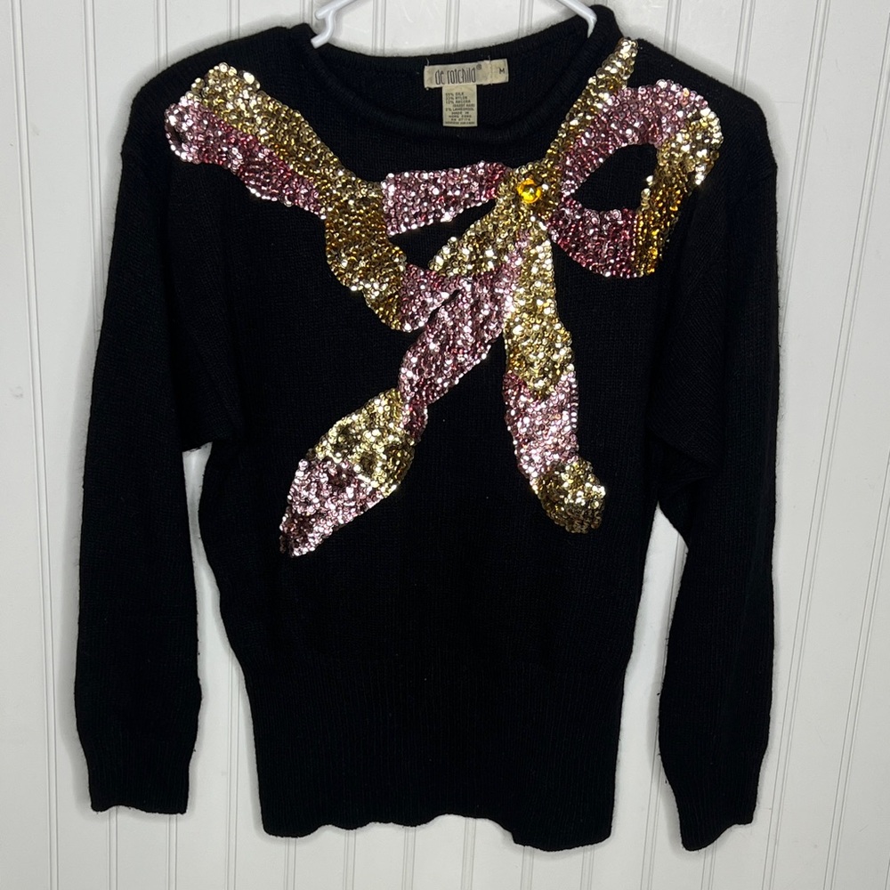 Black Sequin Bow Sweatersize Medium - image 1